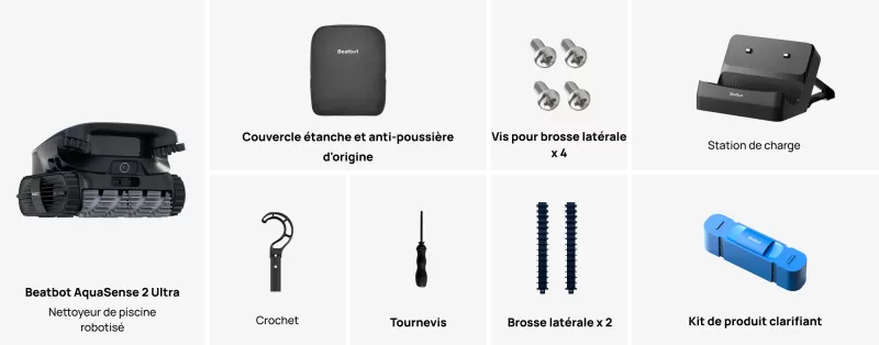 Contenu du pack AquaSense 2 Ultra : robot, station de charge, crochet, tournevis, brosses latérales, kit clarifiant, accessoires