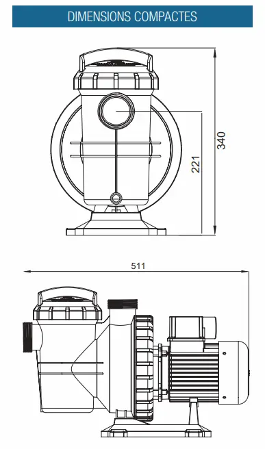 Dimensions compactes de la pompe de filtration piscine Poolex Tonic’line (schéma technique)