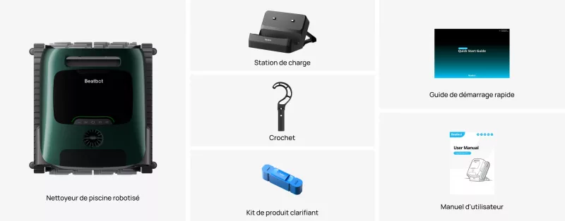 Contenu du pack AquaSense 2 Pro : robot, station de charge, crochet, kit clarifiant AquaRefine, guides