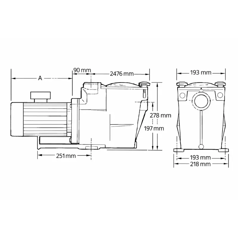Dimensions Pompe de filtration piscine Hayward Superpump mono IE2 avec préfiltre et couvercle transparent
