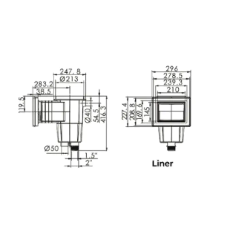 Schéma dimensionnel du skimmer liner Emaux
