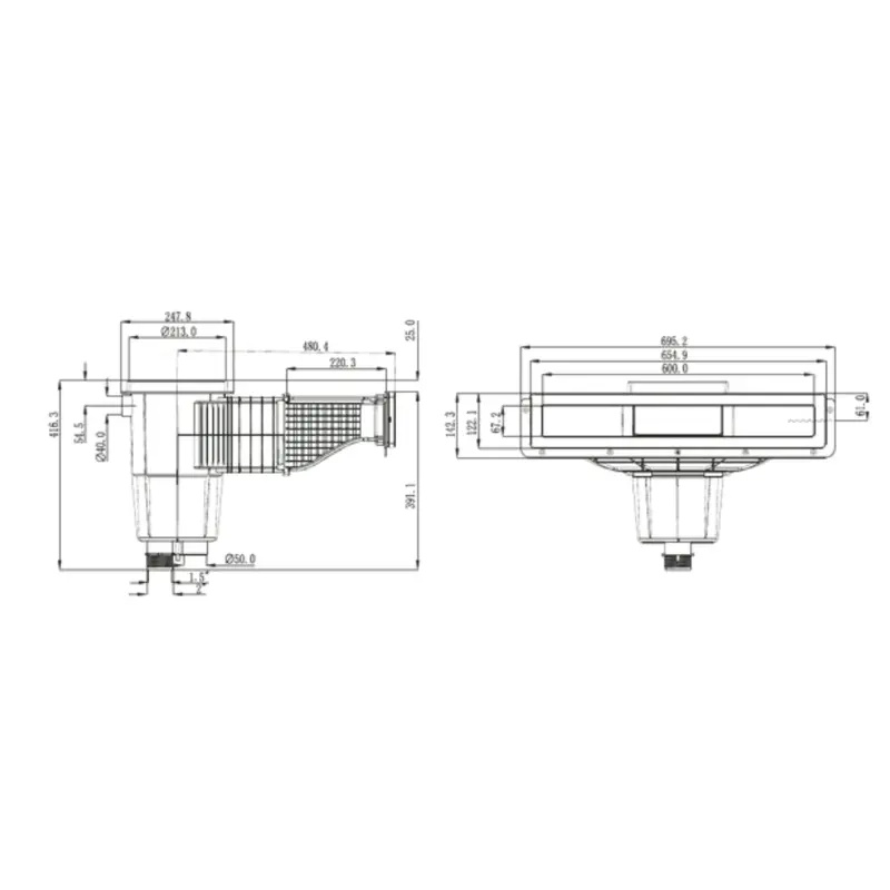 schéma dimension skimmer effet miroir Infinity béton Emaux réf 91601022