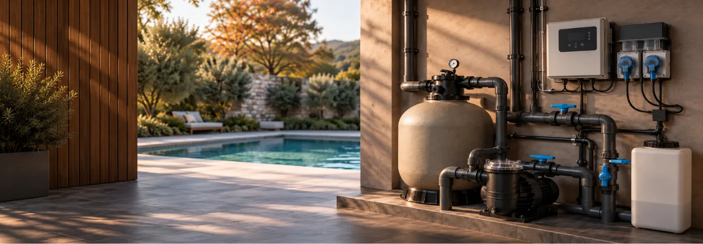 Local technique piscine avec pompe filtration et traitement automatique