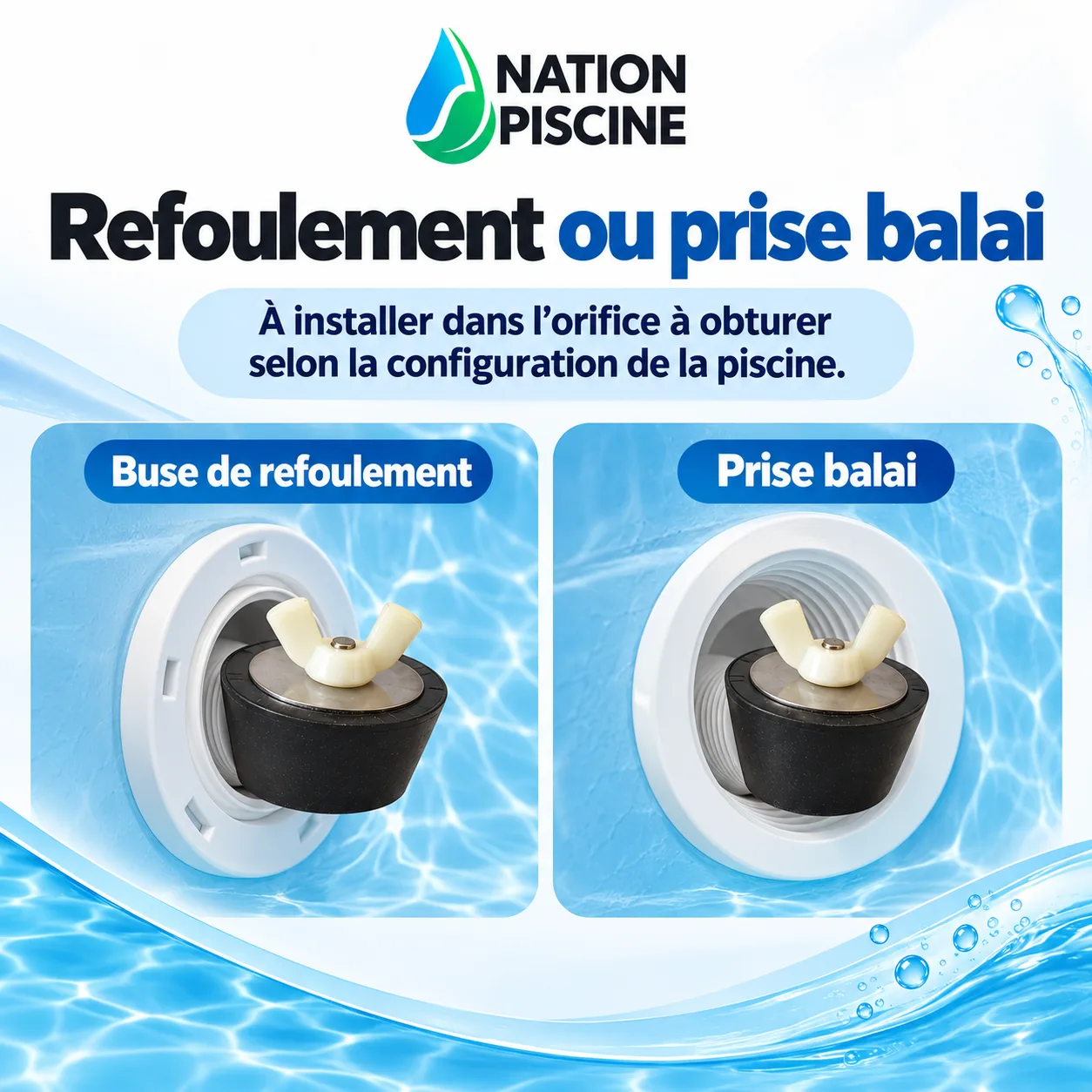 Bouchon d’hivernage installé sur un refoulement ou une prise balai de piscine