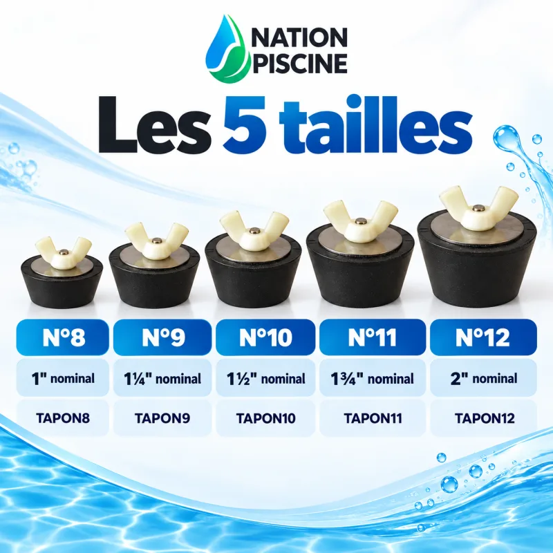 Bouchons d’hivernage n°8, n°9, n°10, n°11 et n°12 avec leurs tailles nominales en pouces