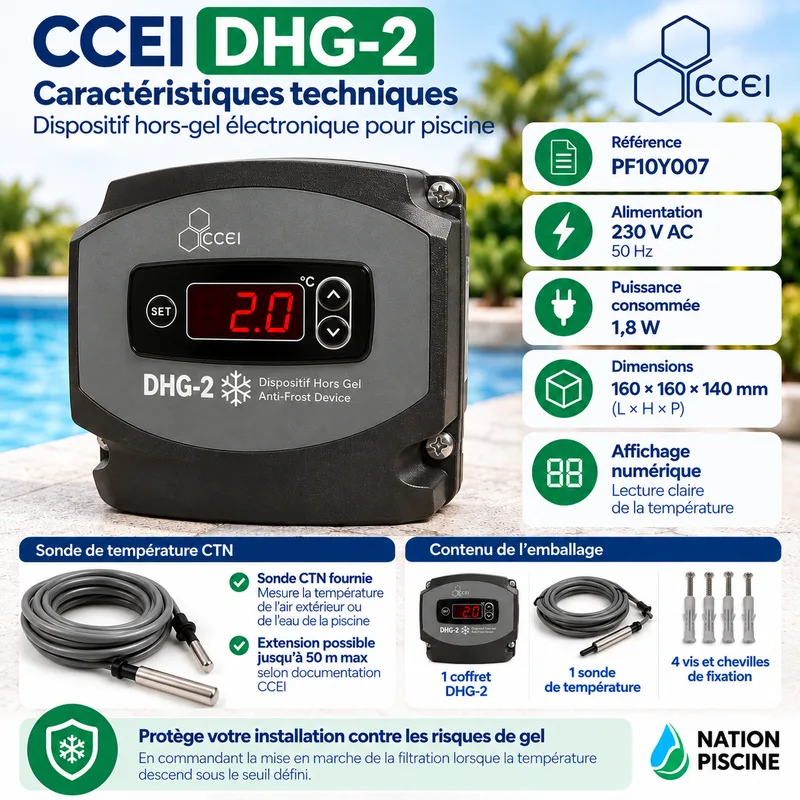 Visuel caractéristiques du CCEI DHG-2 avec référence PF10Y007, alimentation 230 V AC, consommation 1,8 W et sonde CTN
