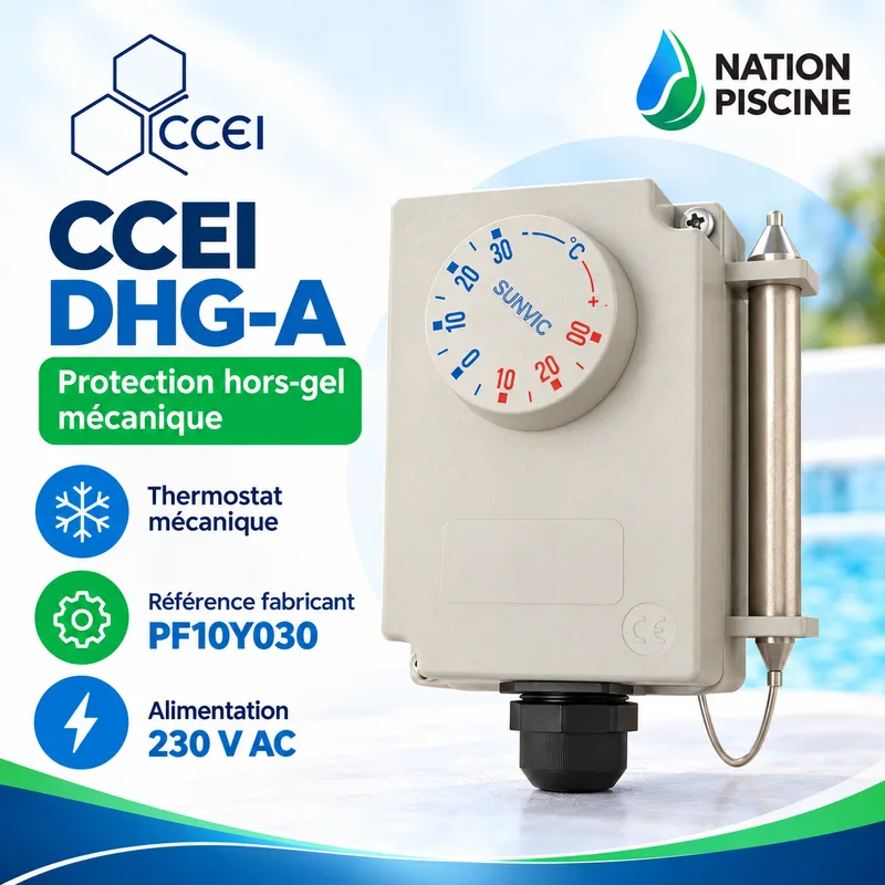 Visuel caractéristiques du CCEI DHG-A avec thermostat mécanique, référence PF10Y030 et alimentation 230 V AC