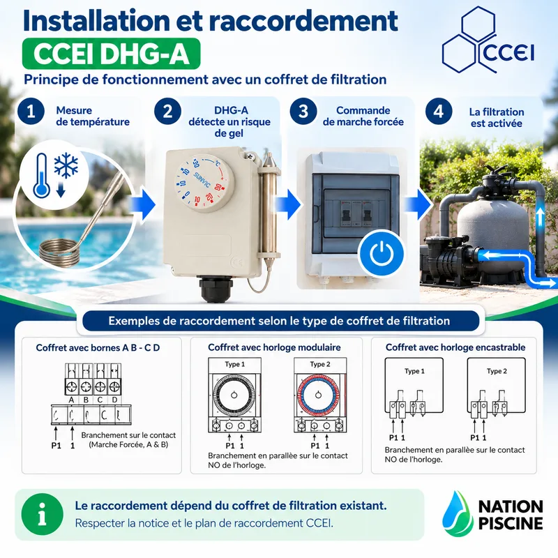 Schéma d’installation et de raccordement du CCEI DHG-A sur un coffret de filtration