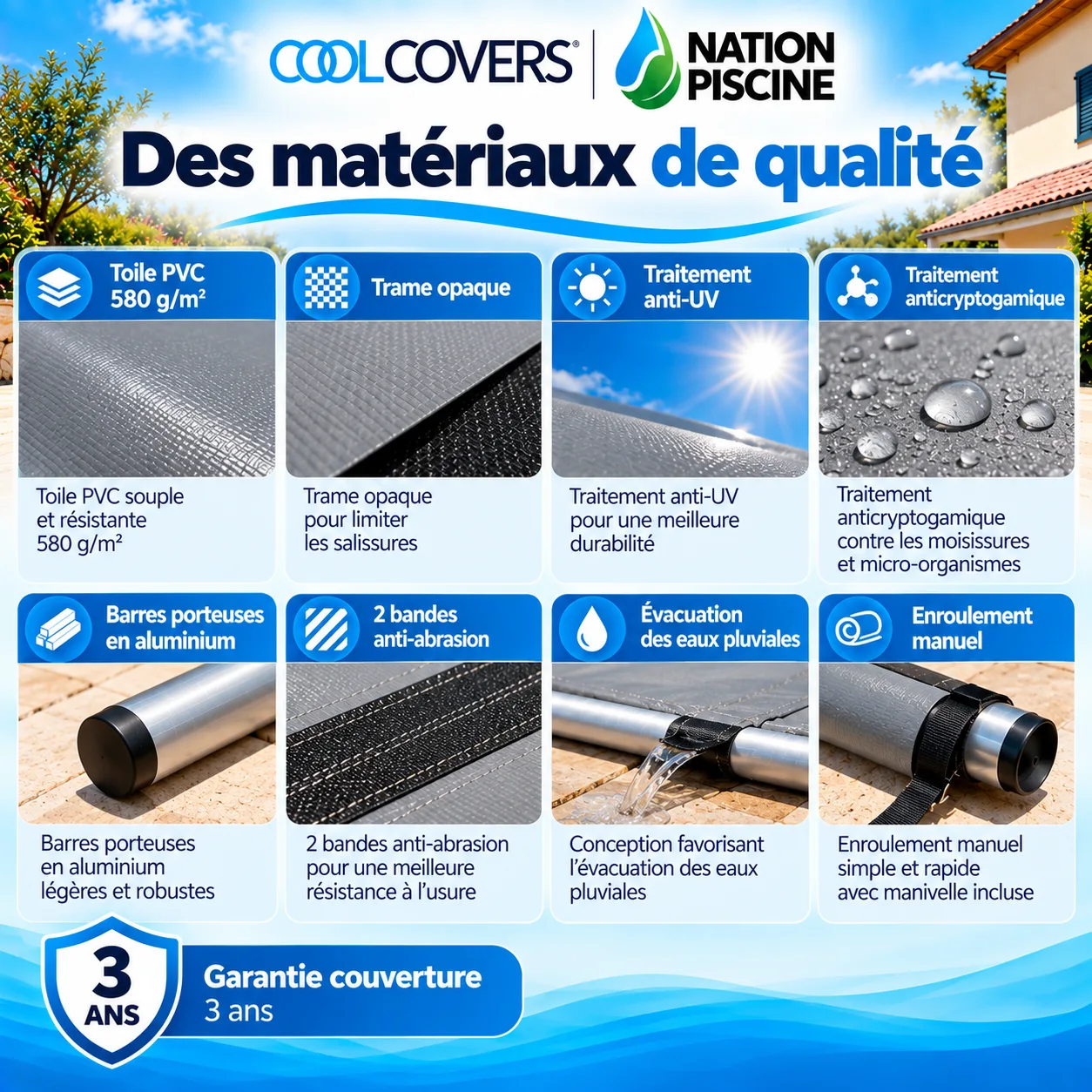 Caractéristiques de la couverture à barres Cool Covers en PVC avec barres aluminium et bandes anti-abrasion