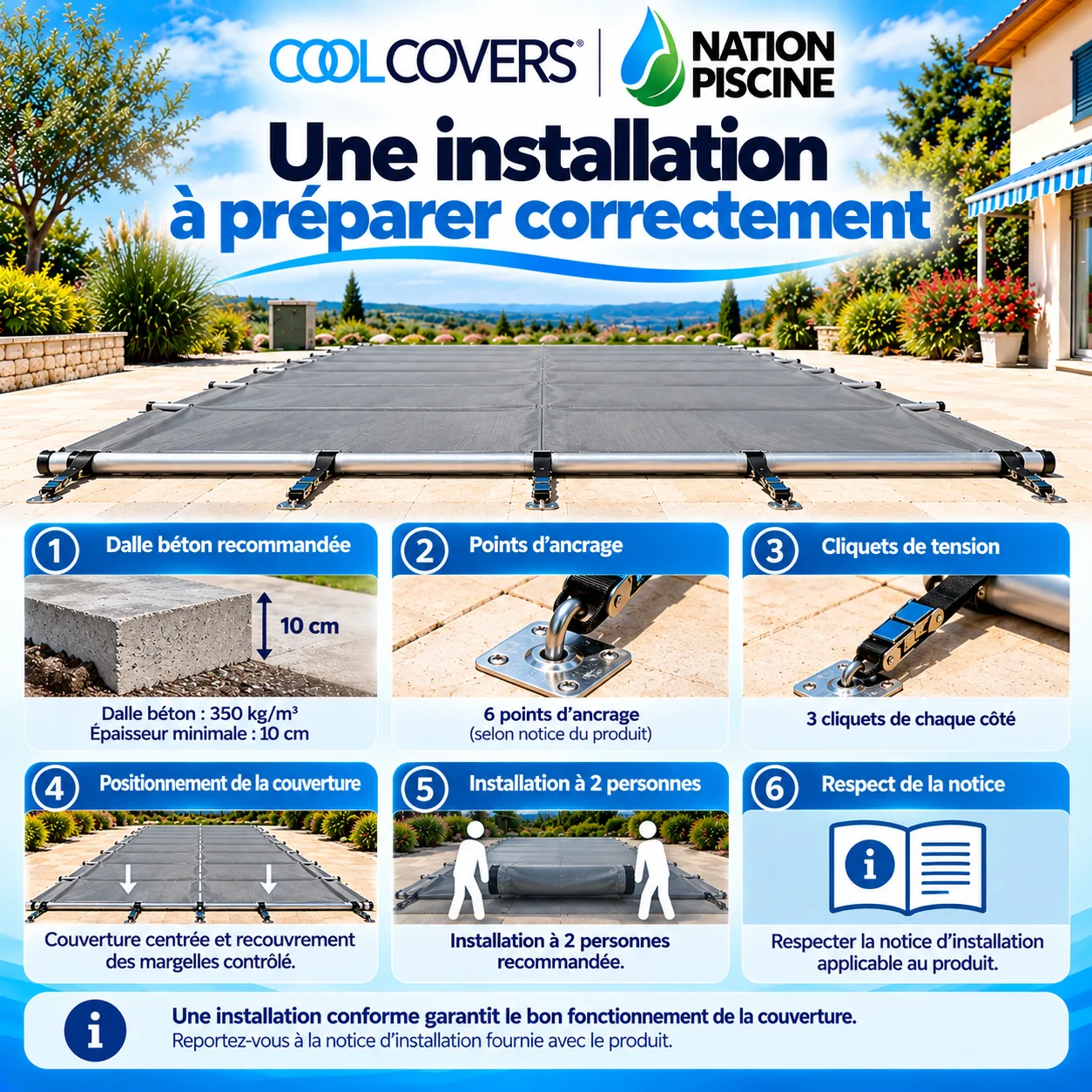 Schéma d’installation d’une couverture à barres Cool Covers avec points d’ancrage et cliquets