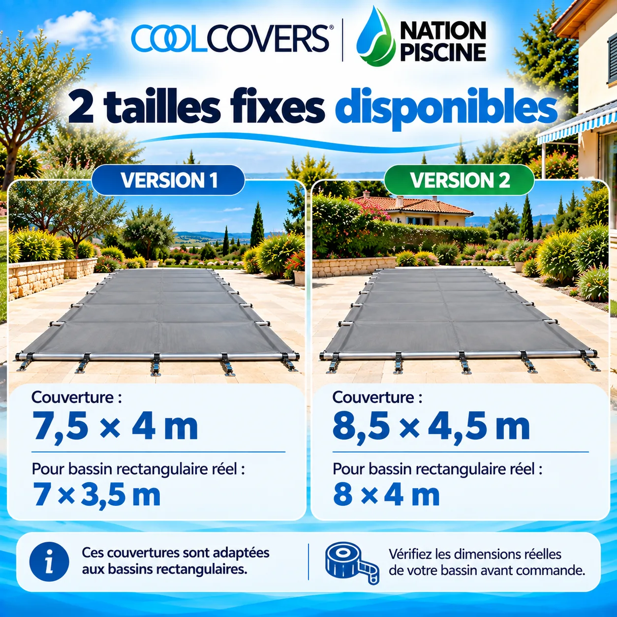 Deux tailles de couverture à barres avec correspondance pour bassins 7 × 3,5 m et 8 × 4 m