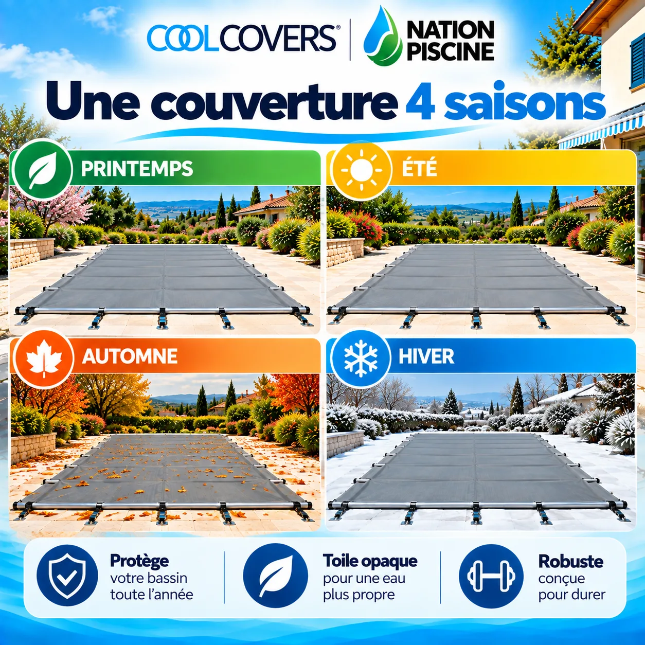 Couverture piscine Cool Covers présentée pour une utilisation au printemps, en été, en automne et en hiver