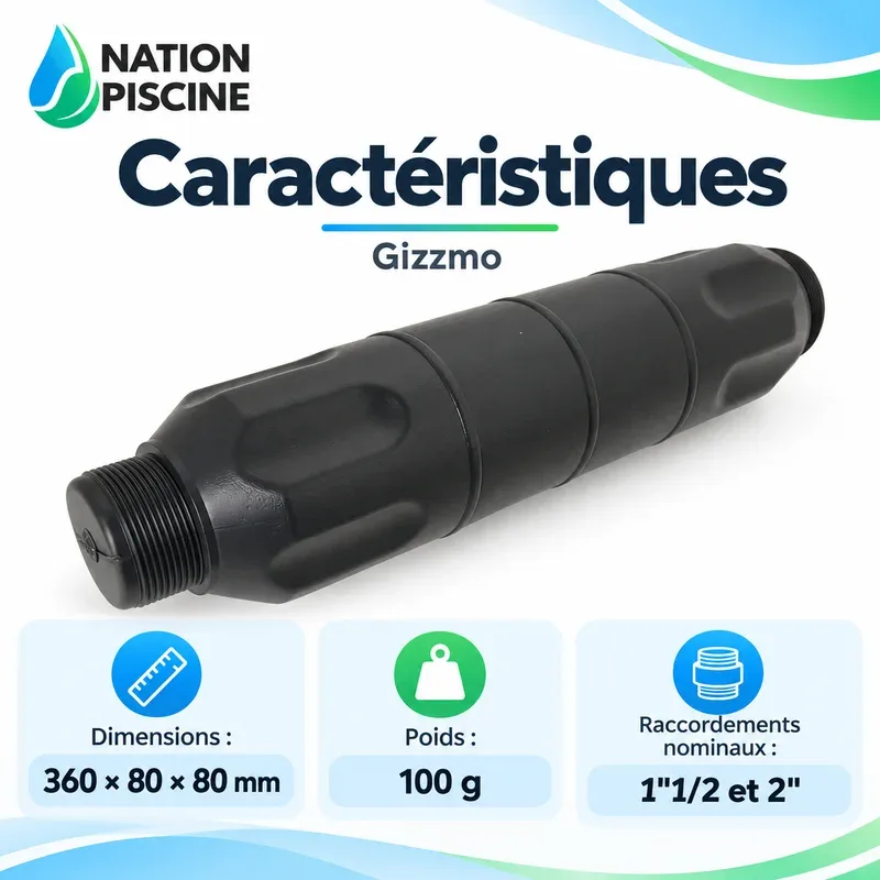 Caractéristiques du Gizzmo NER0182 avec dimensions 360 × 80 × 80 mm et raccordements 1 pouce et demi et 2 pouces