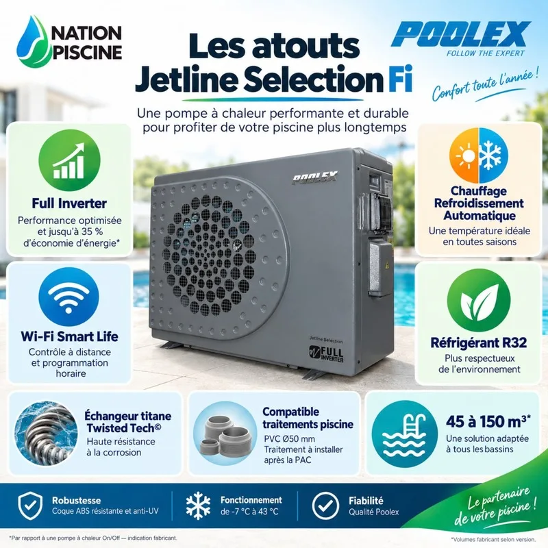 Pompe à chaleur Poolex Jetline Selection Fi entourée des principaux atouts de la gamme