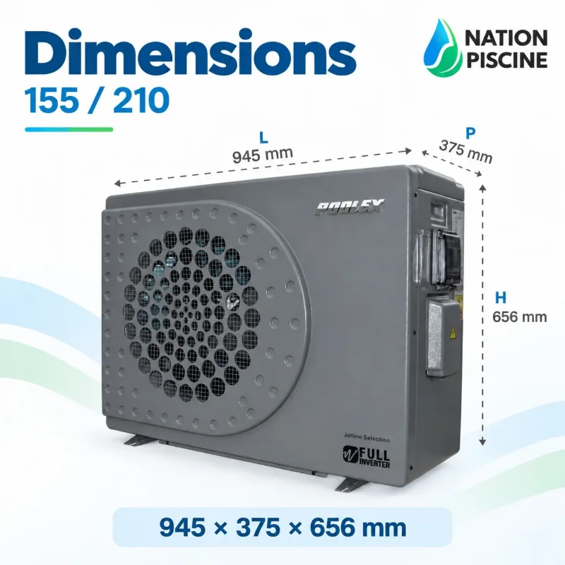 Dimensions des Poolex Jetline Selection Fi 155 et 210 monophasées : 945 × 375 × 656 mm