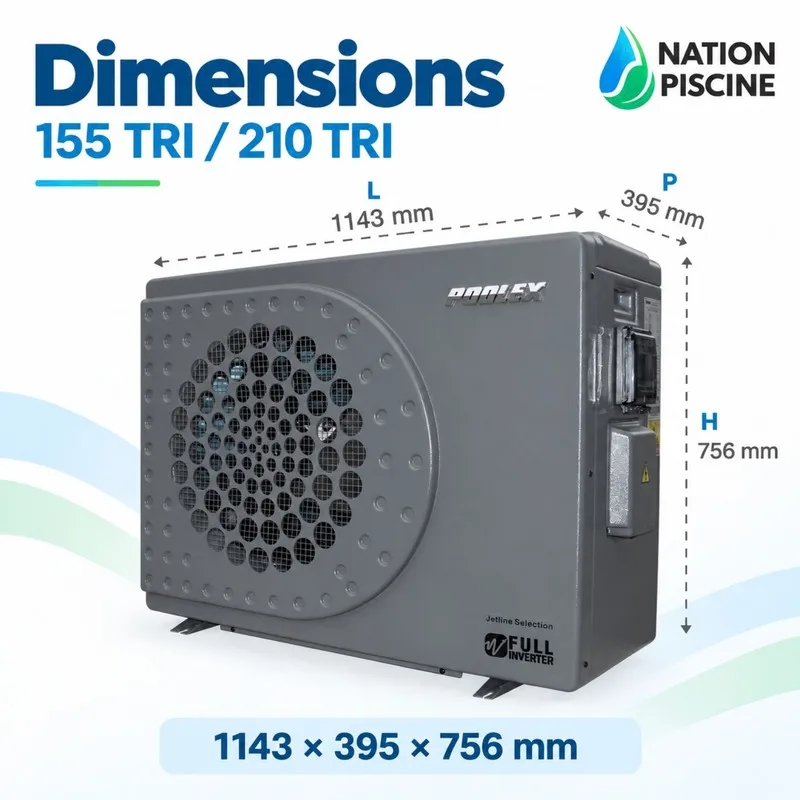 Dimensions des Poolex Jetline Selection Fi 155 TRI et 210 TRI : 1143 × 395 × 756 mm