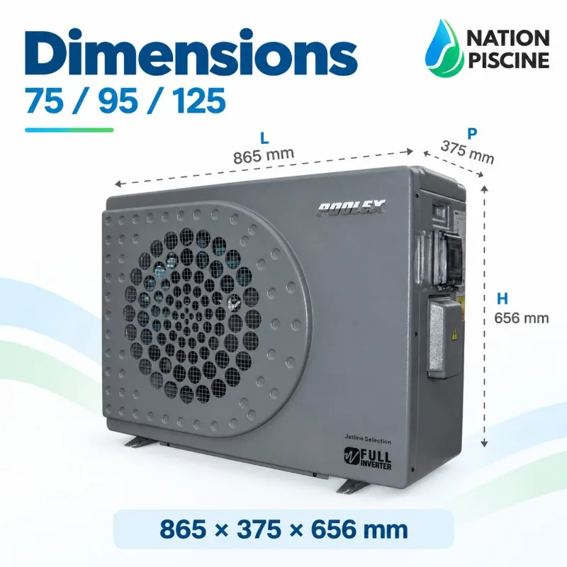 Dimensions des Poolex Jetline Selection Fi 75, 95 et 125 : 865 × 375 × 656 mm