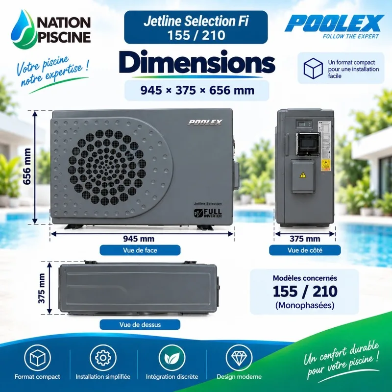 Vues de face, de côté et de dessus des Jetline Selection Fi 155 et 210 monophasées avec dimensions 945 × 375 × 656 mm