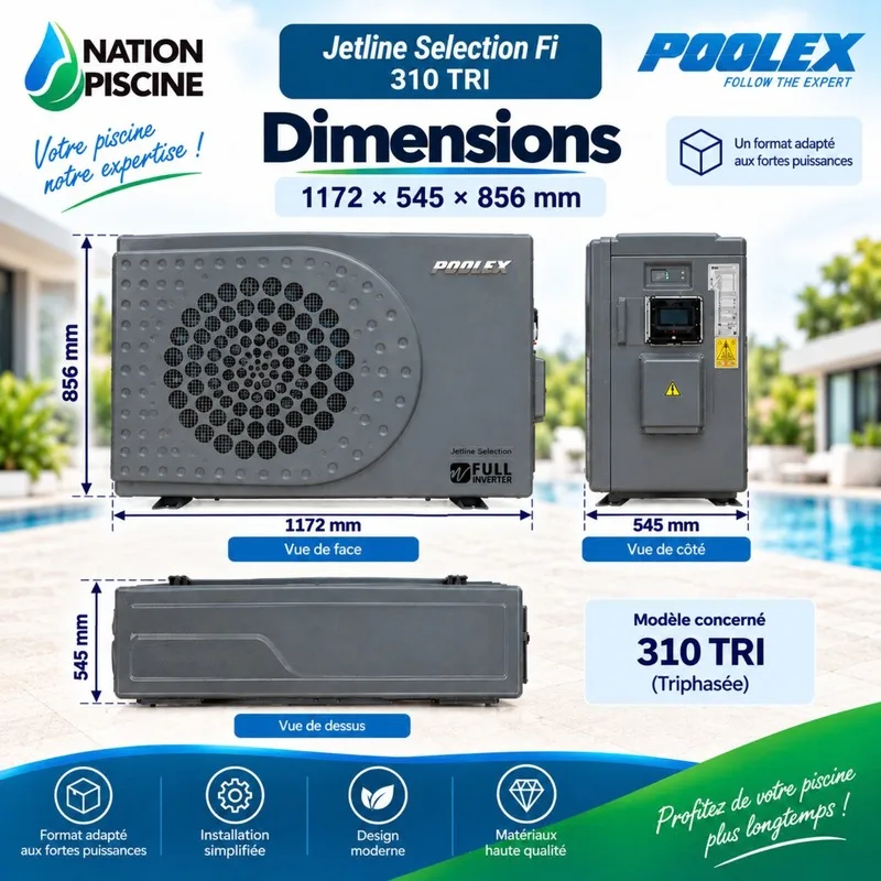 Vues de face, de côté et de dessus de la Jetline Selection Fi 310 TRI avec dimensions 1172 × 545 × 856 mm