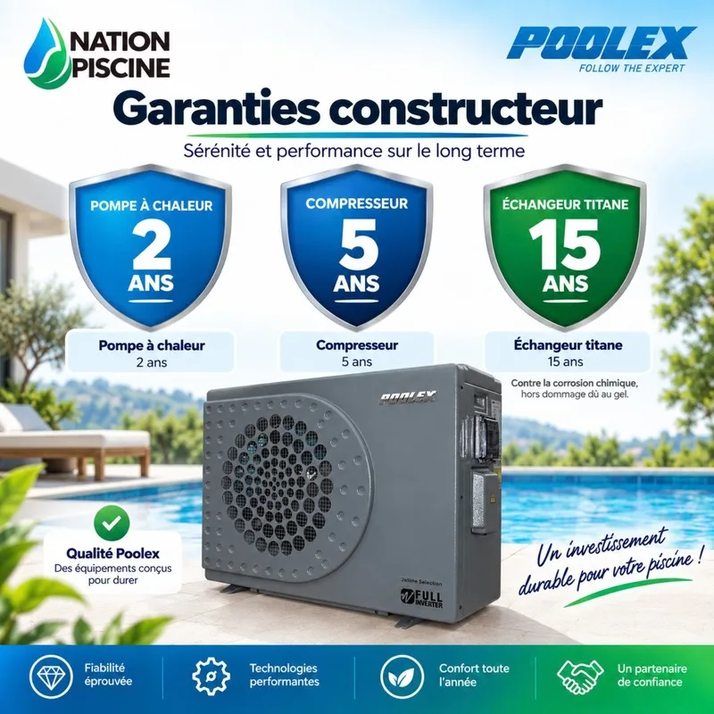 Garanties constructeur de la Poolex Jetline Selection Fi : 2 ans pour la pompe à chaleur, 5 ans pour le compresseur et 15 ans pour l'échangeur titane