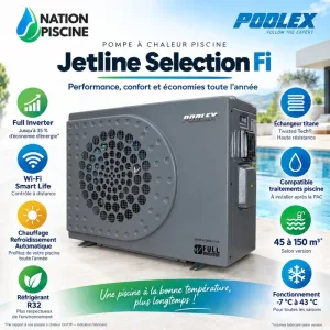Pompe à chaleur piscine Poolex Jetline Selection Fi devant un bassin