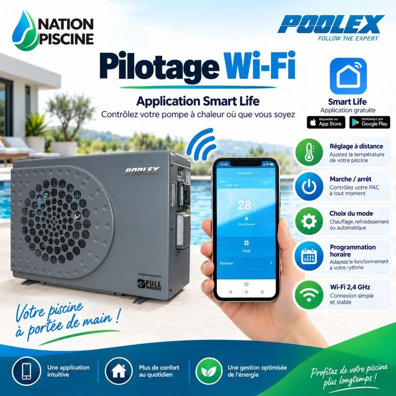 Smartphone avec application Smart Life pour piloter à distance la pompe à chaleur Poolex Jetline Selection Fi