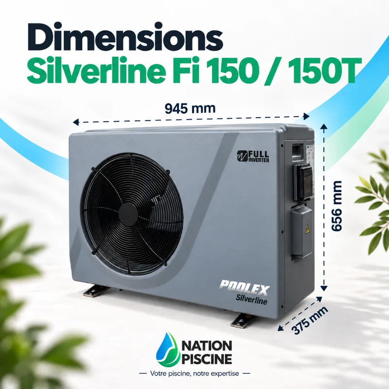 Dimensions de la pompe à chaleur Poolex Silverline Fi 150 et 150T : 945 x 656 x 375 mm