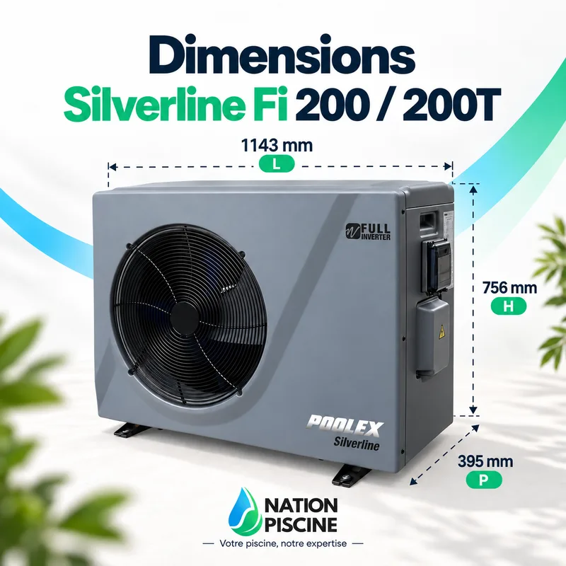 Dimensions de la pompe à chaleur Poolex Silverline Fi 200 et 200T : 1143 x 756 x 395 mm