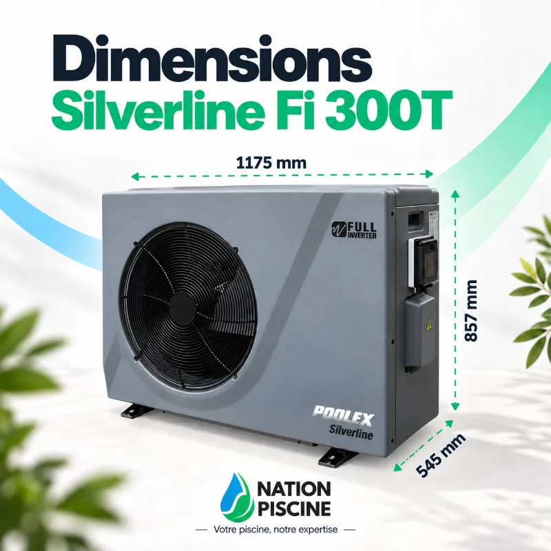 Dimensions de la pompe à chaleur Poolex Silverline Fi 300T : 1175 x 857 x 545 mm