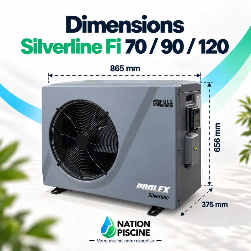 Dimensions de la pompe à chaleur Poolex Silverline Fi 70, 90 et 120 : 865 x 656 x 375 mm