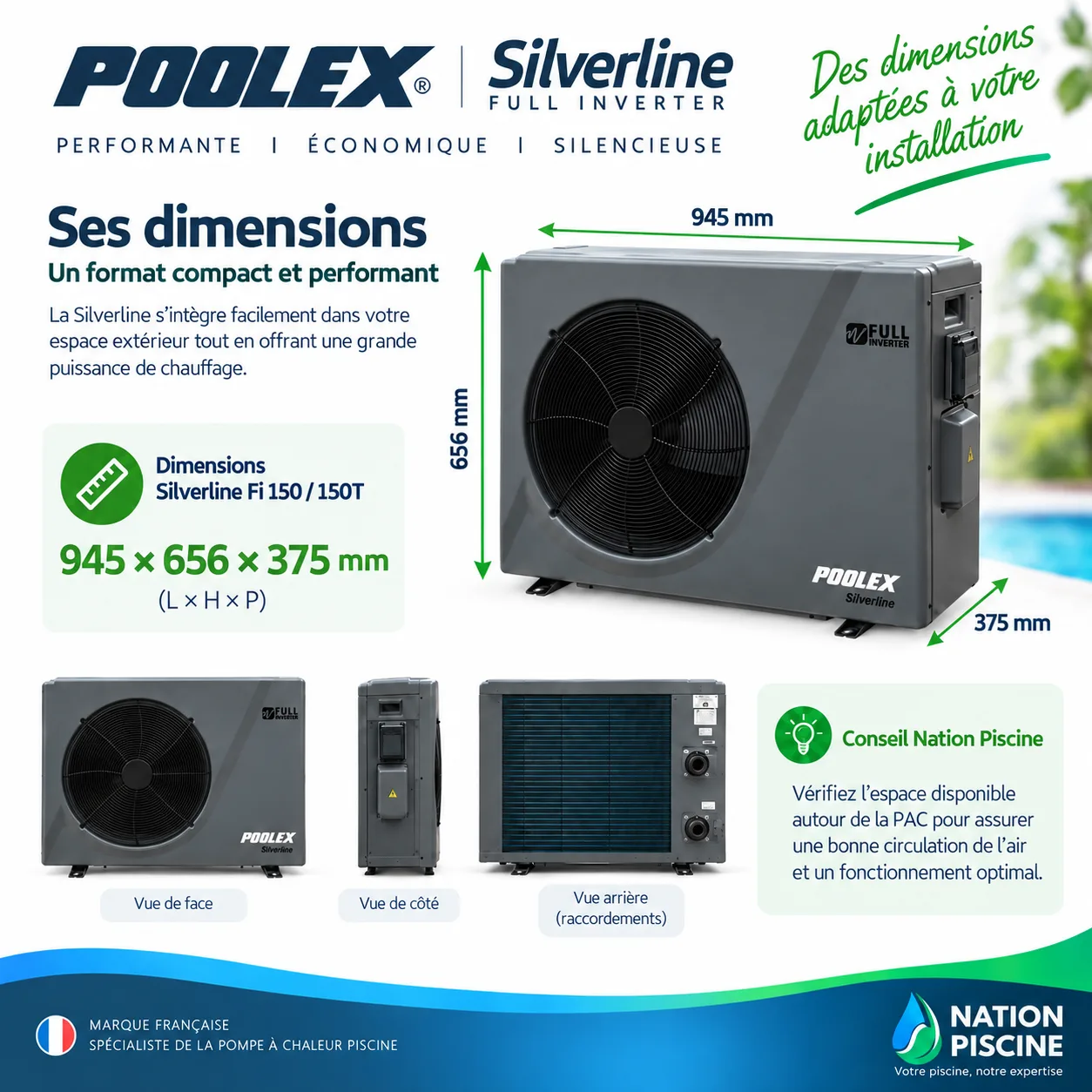 Dimensions détaillées Poolex Silverline Fi 150 et 150 TRI - 945 x 656 x 375 mm