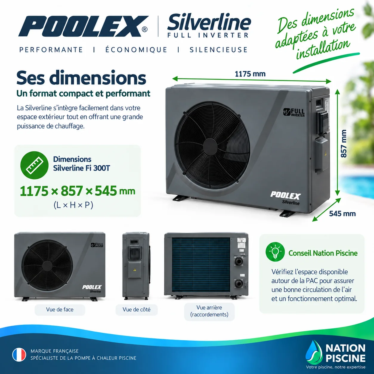 Dimensions détaillées Poolex Silverline Fi 300 TRI - 1175 x 857 x 545 mm