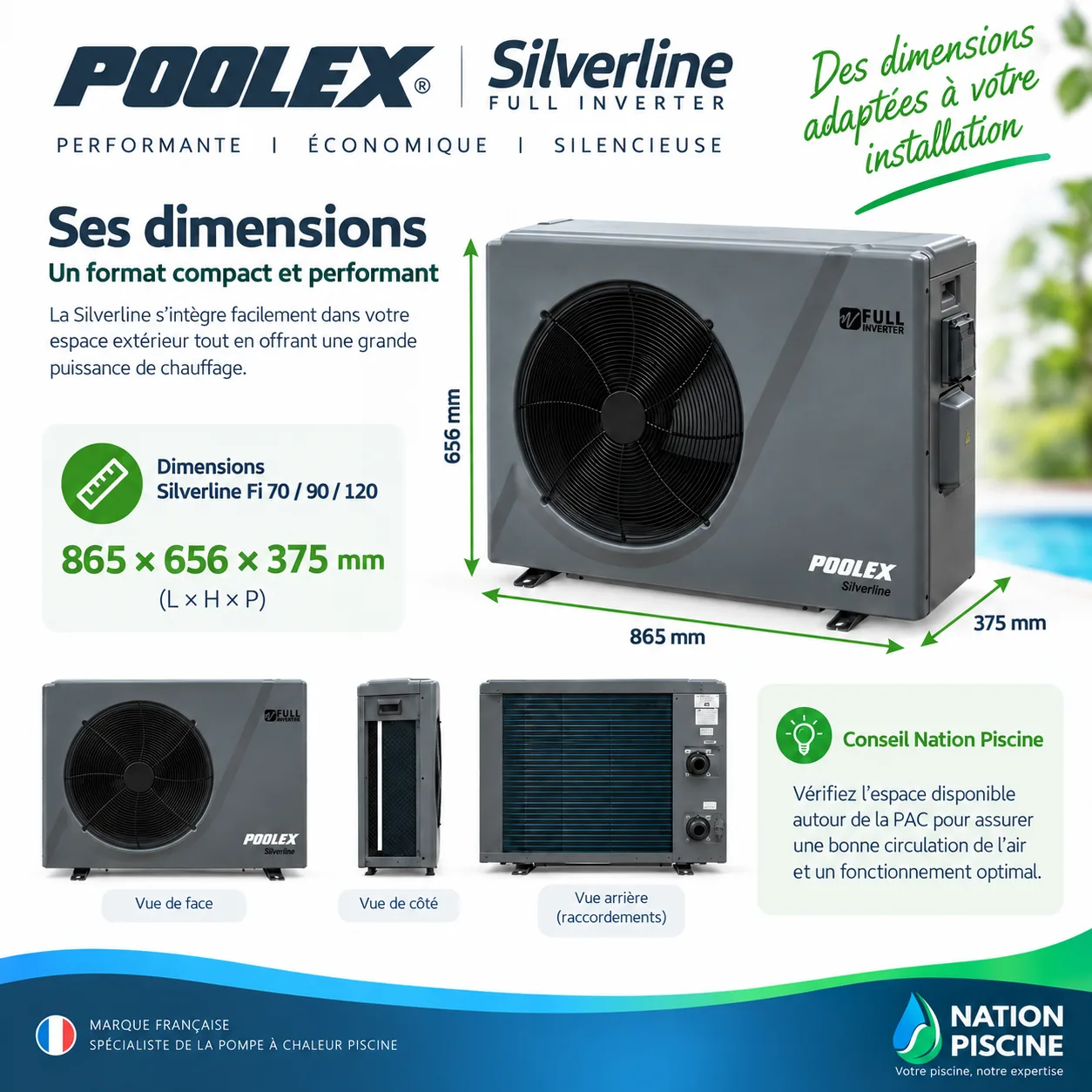 Dimensions détaillées Poolex Silverline Fi 70 90 et 120 - 865 x 656 x 375 mm