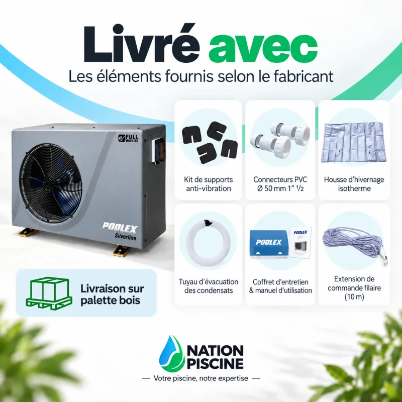 Éléments fournis avec la pompe à chaleur Poolex Silverline Fi : supports anti-vibration, connecteurs PVC 50 mm, housse d’hivernage, tuyau de condensats, manuel et rallonge de commande filaire
