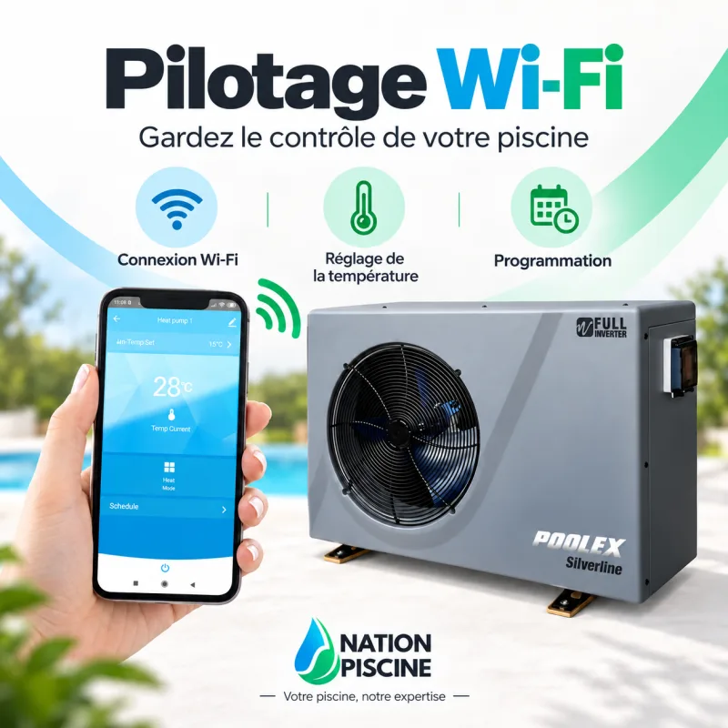 Pilotage Wi‑Fi de la pompe à chaleur Poolex Silverline Fi via smartphone pour la connexion, le réglage de température et la programmation