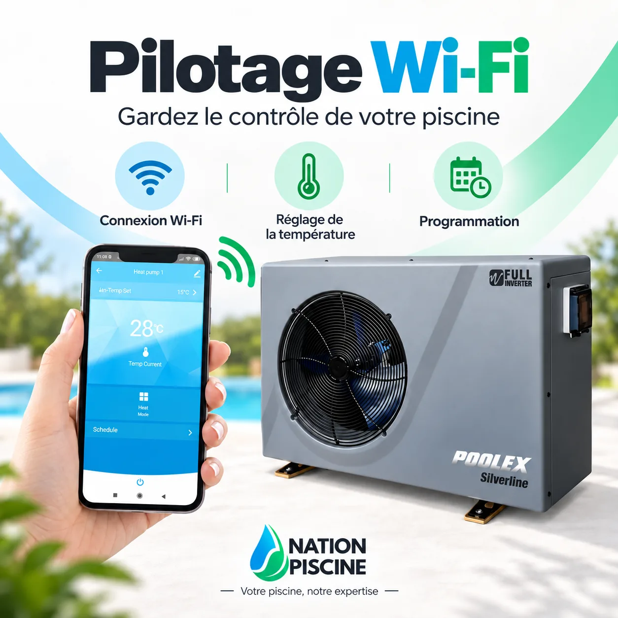 Pilotage Wi-Fi de la pompe à chaleur Poolex Silverline Fi avec application Poolex
