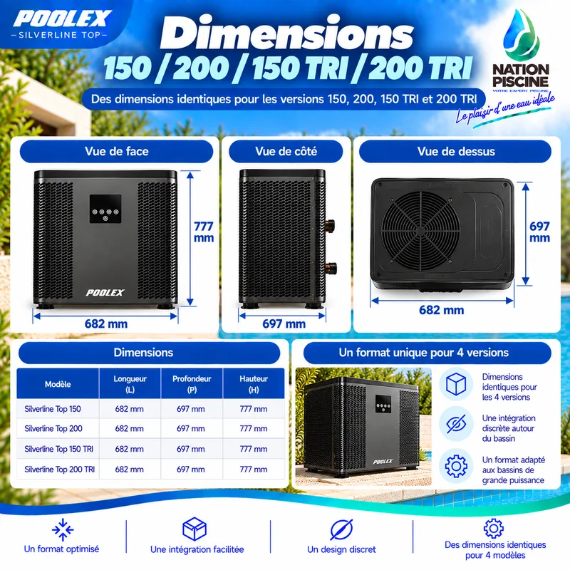 Dimensions Poolex Silverline Top 150, 200, 150 TRI et 200 TRI : 682 × 697 × 777 mm