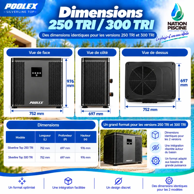 Dimensions Poolex Silverline Top 250 TRI et 300 TRI : 752 × 697 × 976 mm