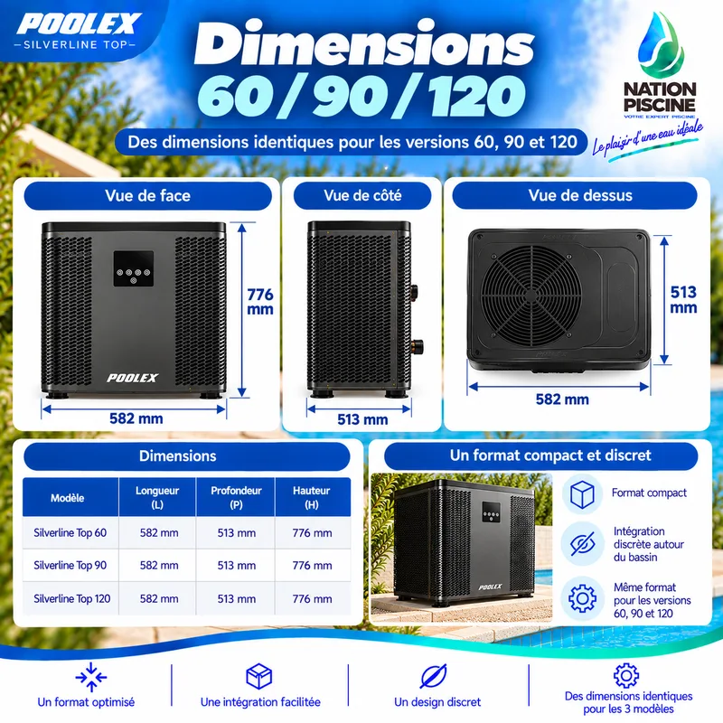 Dimensions Poolex Silverline Top 60, 90 et 120 : 582 × 513 × 776 mm