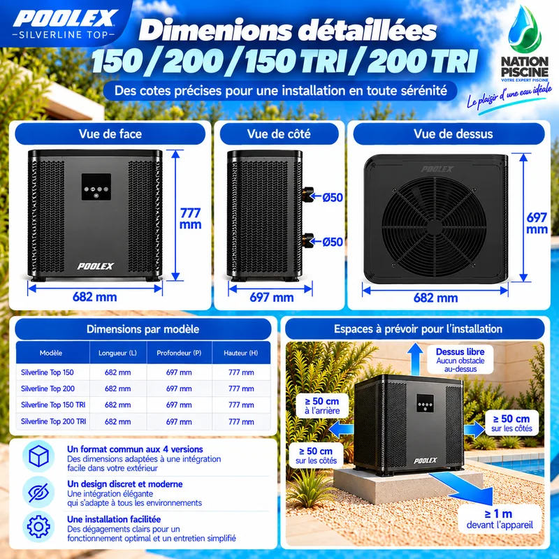 Dimensions détaillées des Silverline Top 150, 200, 150 TRI et 200 TRI