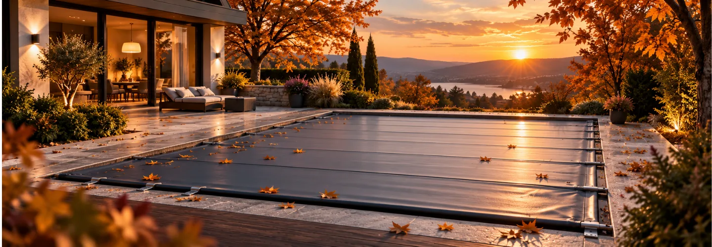 Piscine protégée par une couverture à barres pour l'hiver