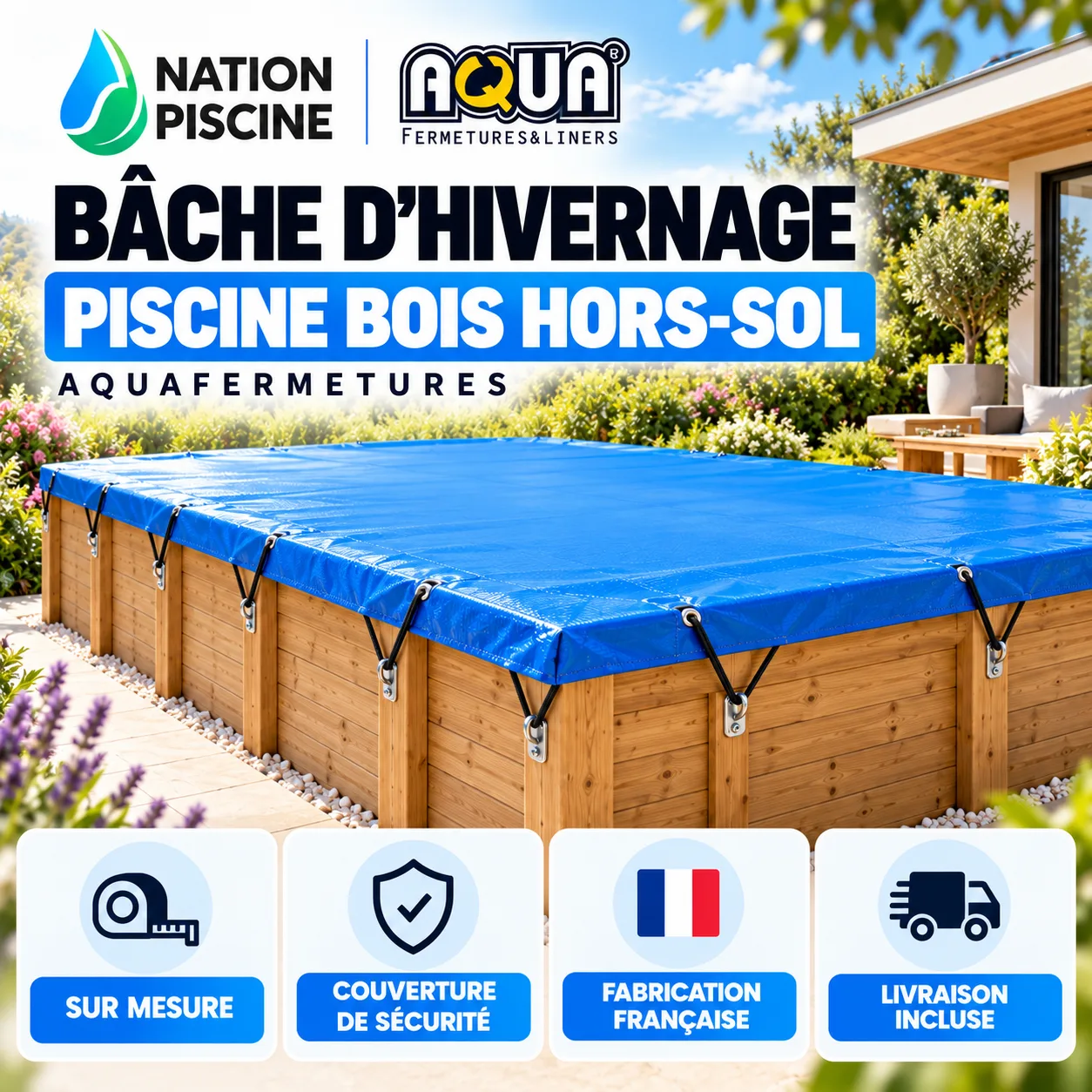 Bâche d’hivernage Aquafermetures pour piscine bois hors-sol