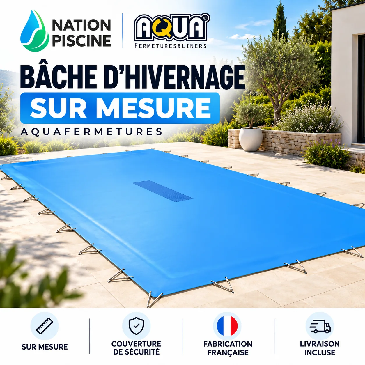 Bâche d’hivernage sur mesure Aquafermetures pour piscine enterrée