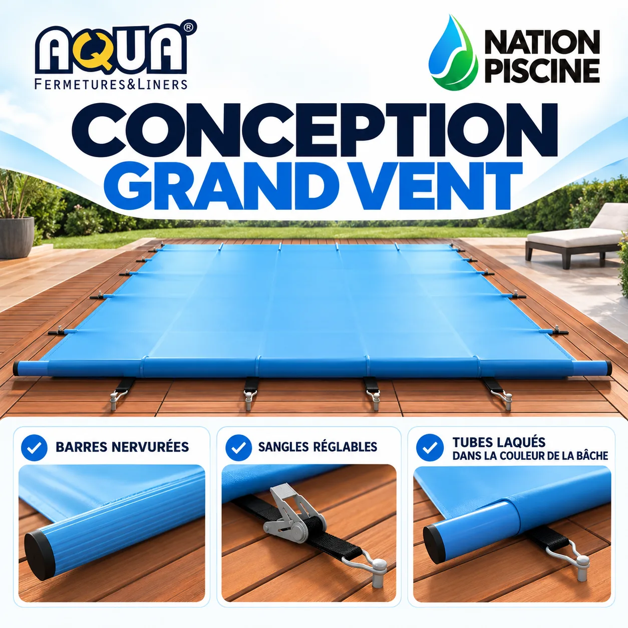 Conception Grand Vent Aquafermetures avec barres nervurées et sangles réglables