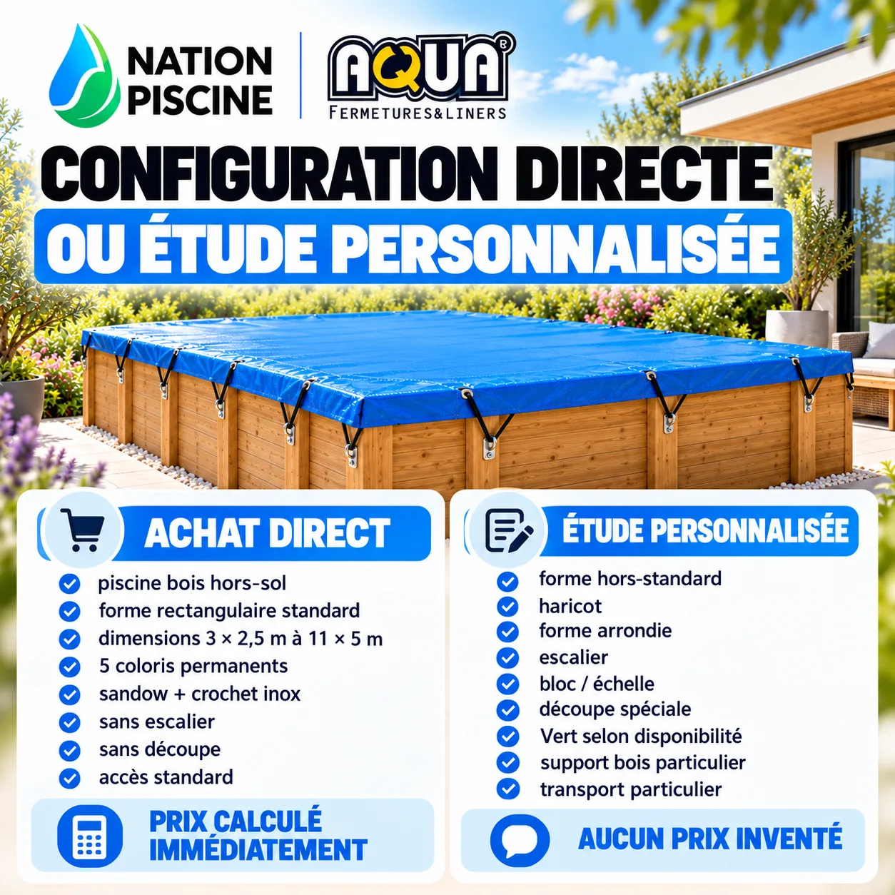 Configuration directe et étude bâche d’hivernage piscine bois hors-sol