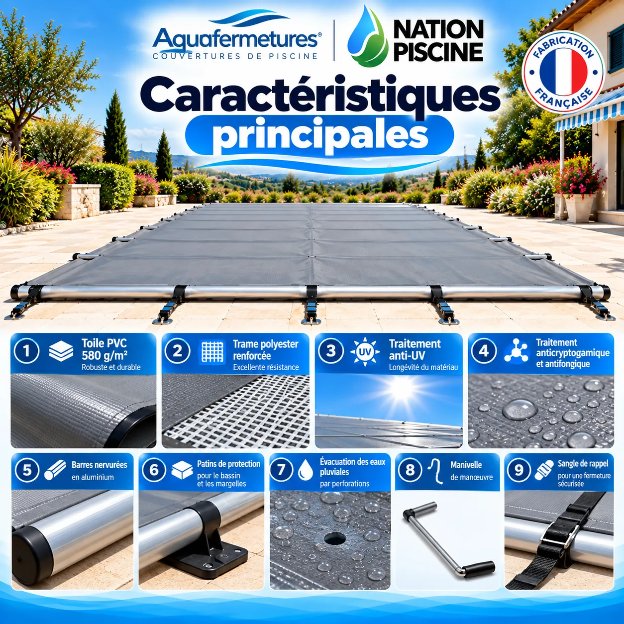Caractéristiques de la couverture à barres Aquafermetures 4 Saisons sur mesure