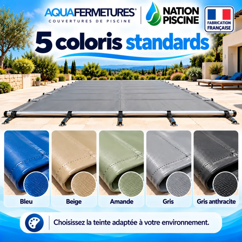 couverture-a-barres-aquafermetures-coloris Cinq coloris disponibles pour la couverture à barres Aquafermetures : bleu beige amande gris et gris anthracite
