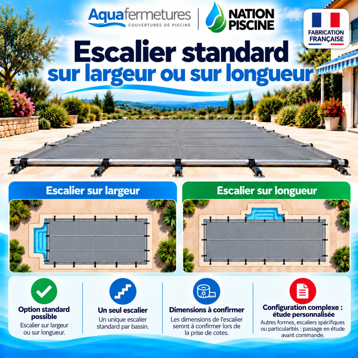 Escalier sur la largeur ou sur la longueur pour couverture à barres sur mesure Aquafermetures