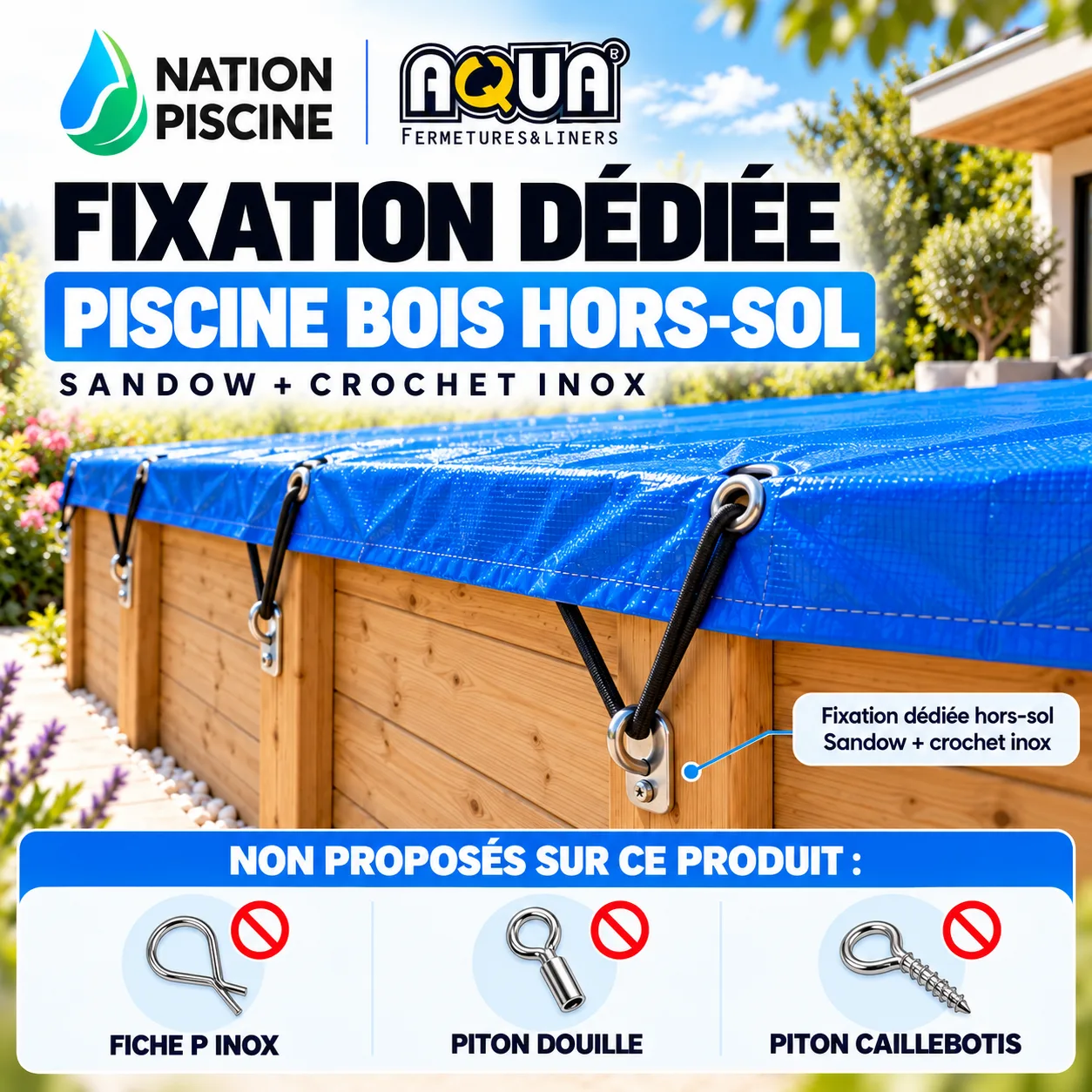 Fixation Sandow et crochet inox bâche Aquafermetures piscine bois hors-sol