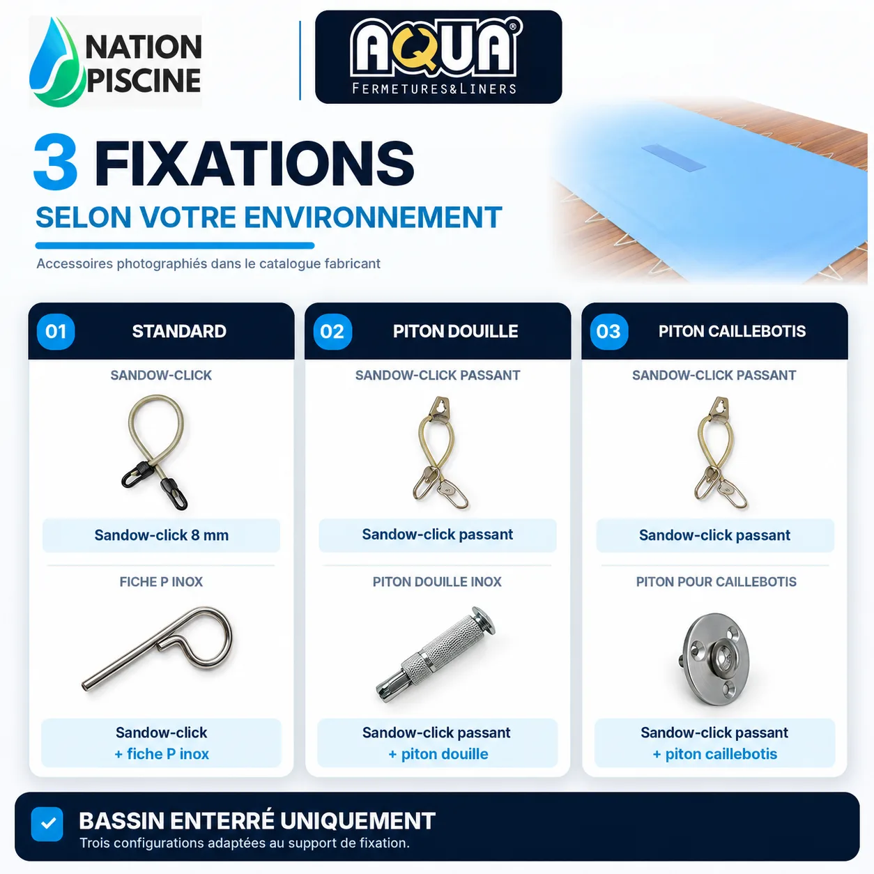 Fixations bâche d’hivernage Aquafermetures fiche P piton douille et caillebotis